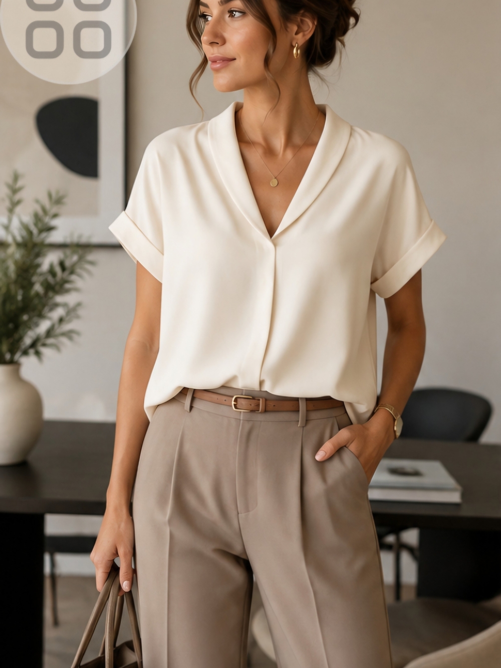 Melloday Ivory Shawl Collar V Neck Blouse Cuffed Sleeve Quiet Luxury L